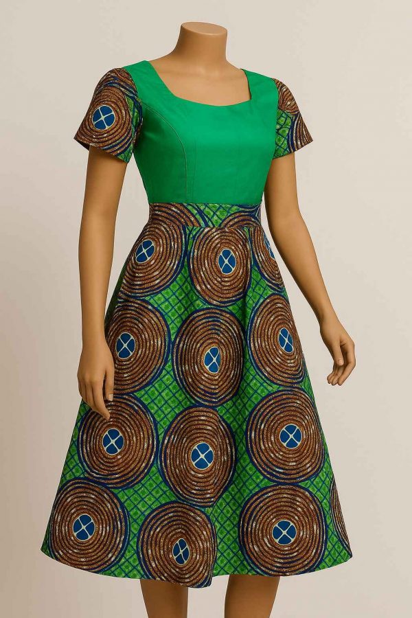 Angled view of African Kitenge modest flare dress