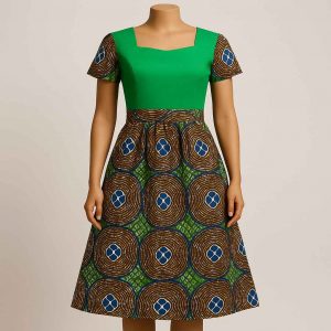 Front view of handmade African Kitenge modest flare dress
