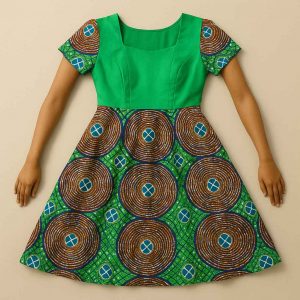 op-down view of African Kitenge modest flare dress