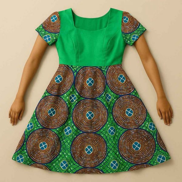 op-down view of African Kitenge modest flare dress