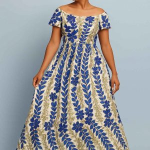 Angled view of the Royal Bloom Dress showing the elegant flare and embroidery