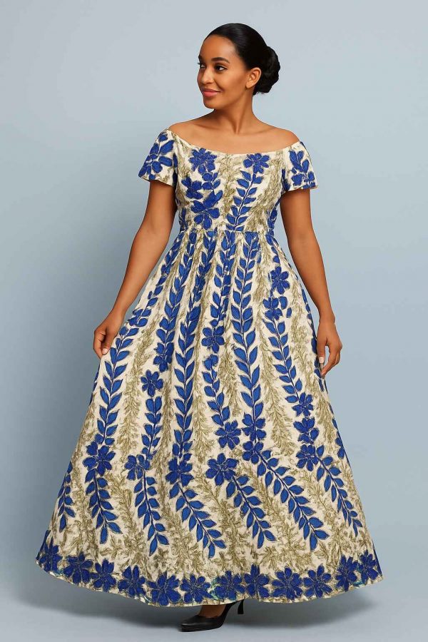 Angled view of the Royal Bloom Dress showing the elegant flare and embroidery