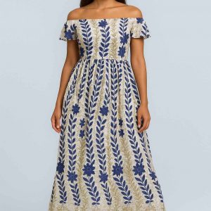 Angled studio view of the Royal Bloom Dress with blue embroidery