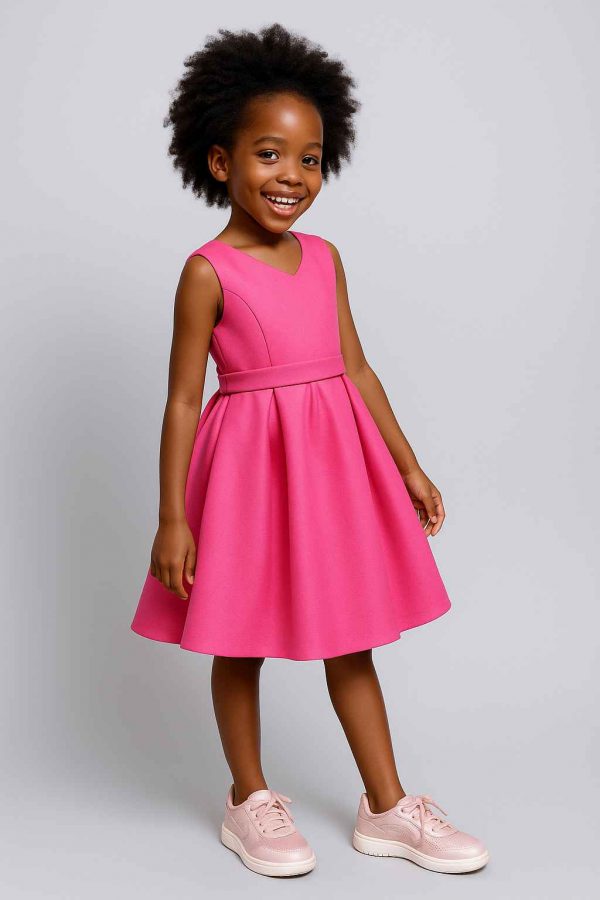 Angled view of handmade elegant girls’ dress