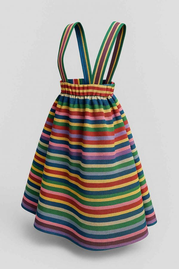 Angled view of handmade girls’ suspender skirt