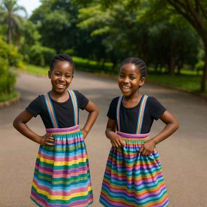 wo joyful African girls wearing handmade striped kitenge suspender skirts