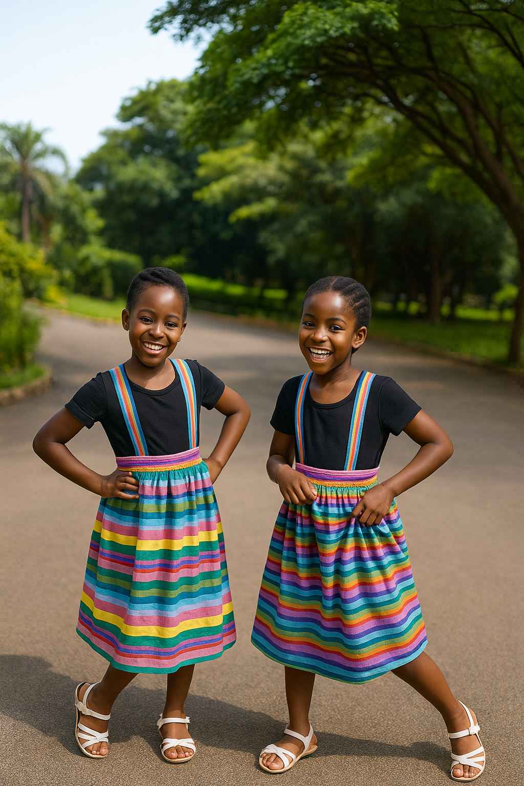 Handmade girls’ suspender skirt with joyful stripes for modest faith-centered style