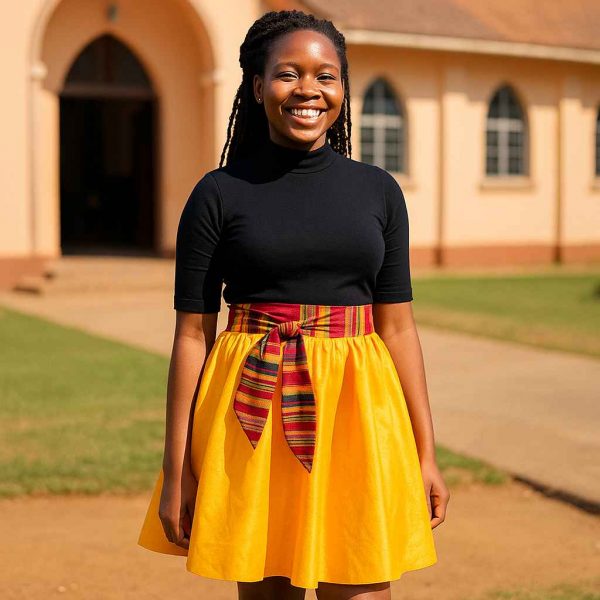 Ugandan woman wearing African Kitenge golden flare skirt outside church