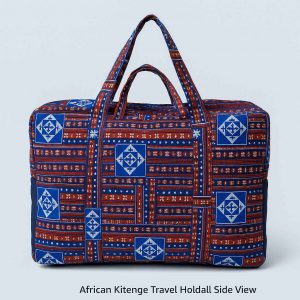 Handmade African Kitenge travel holdall shown from the back with traditional blue, red, and white pattern