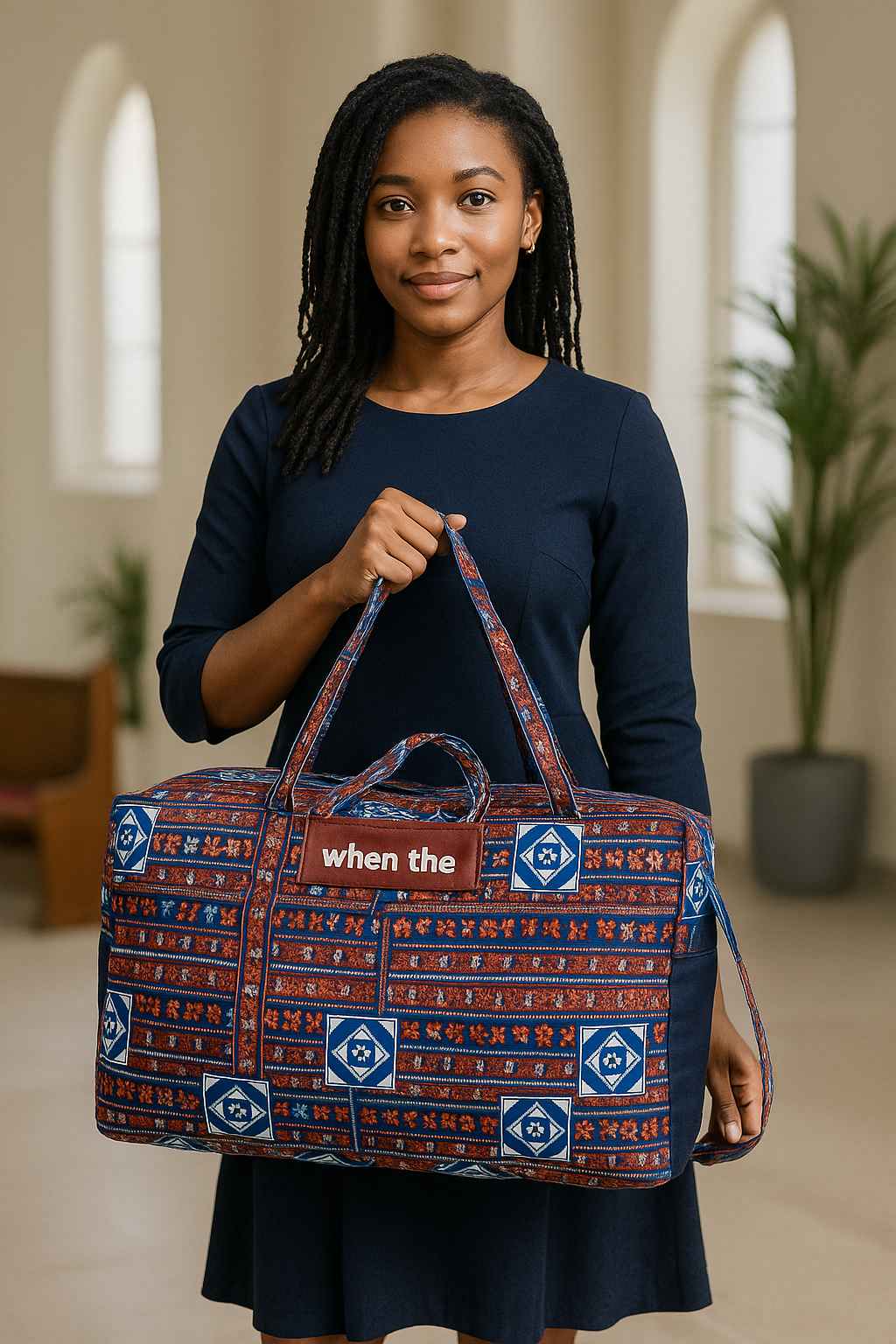 Handmade African Kitenge travel holdall with blue, red, and white pattern