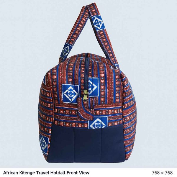 Handmade African Kitenge travel holdall shown from the side with traditional blue, red, and white pattern
