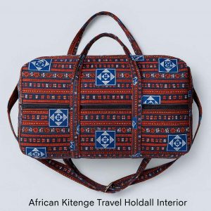 Handmade African Kitenge travel holdall shown from the top with blue, red, and white pattern, zipper and handles visible