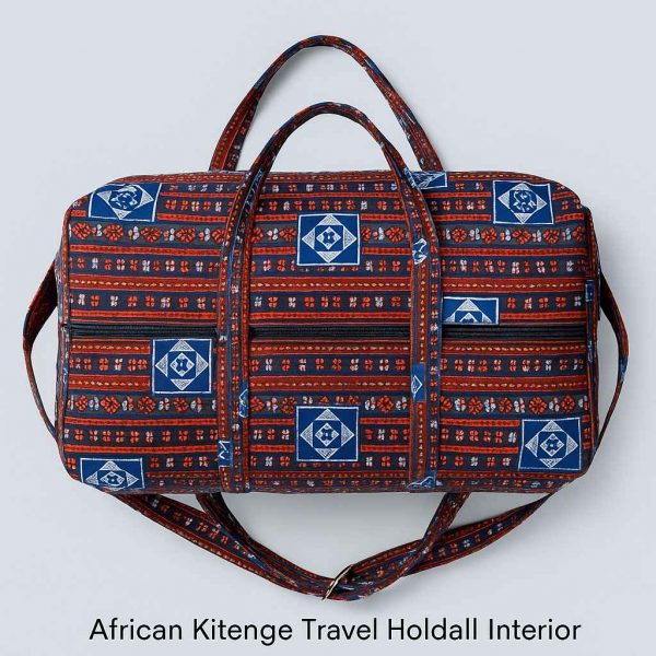 Handmade African Kitenge travel holdall shown from the top with blue, red, and white pattern, zipper and handles visible