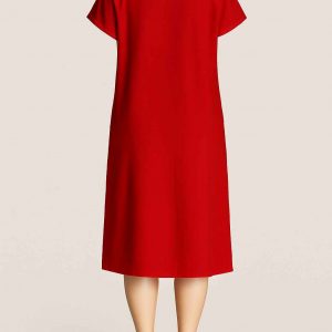 Back view of a red knee-length handmade casual free dress with modest fit
