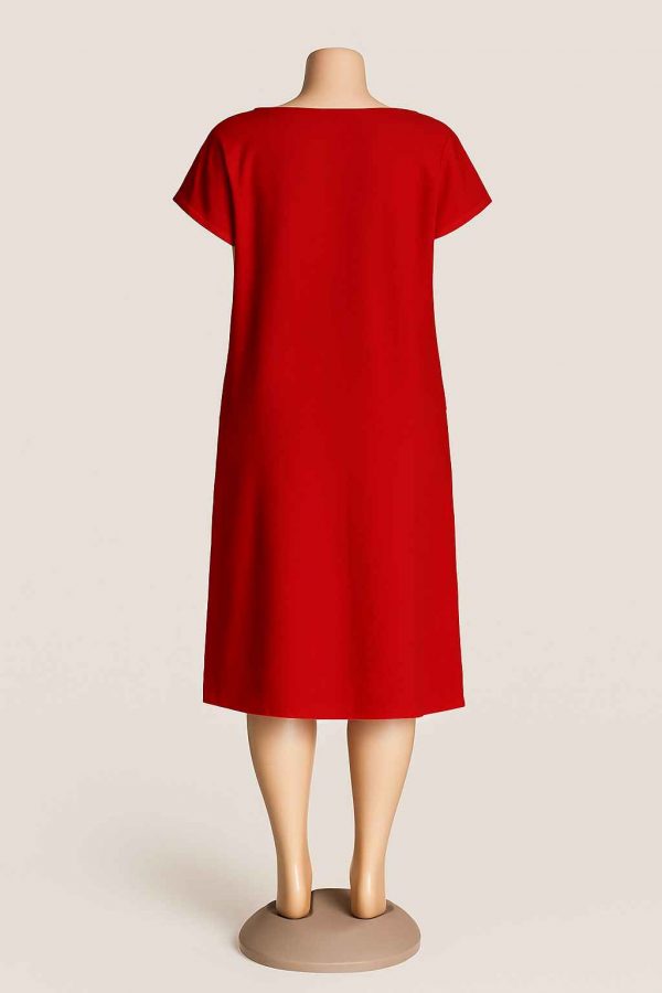 Back view of a red knee-length handmade casual free dress with modest fit