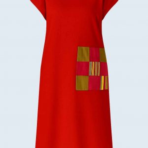 Front view of a red knee-length kitenge casual free dress with side patch pocket