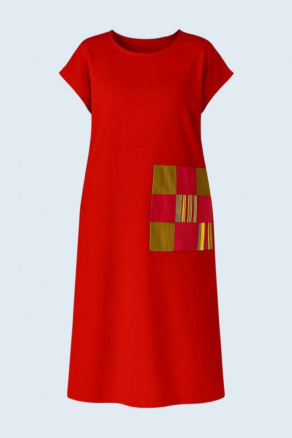 Front view of a red knee-length kitenge casual free dress with side patch pocket