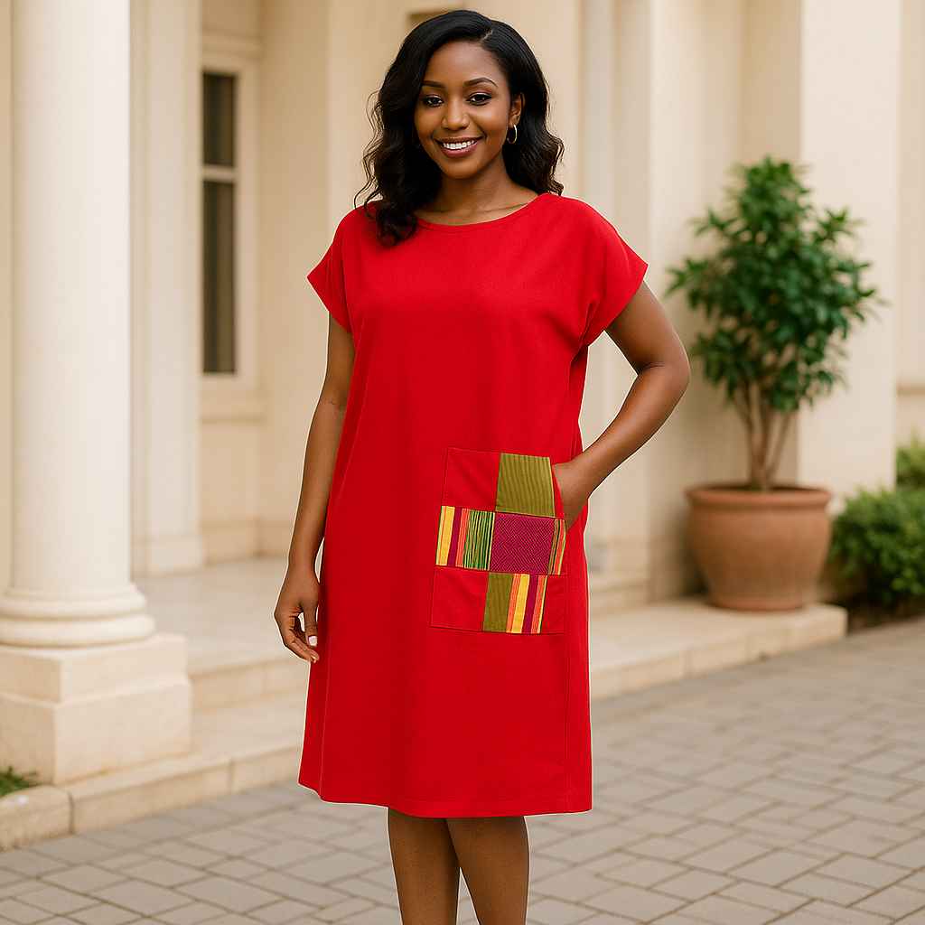 African woman wearing a red knee-length kitenge dress with a colorful patch pocket outside a cream-colored building