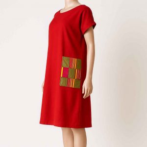 Left side view of a red casual kitenge free dress with colorful patch pocket