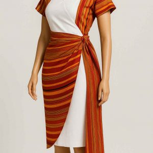Angled view of a cultural traditional wrap dress with striped wrap over white dress
