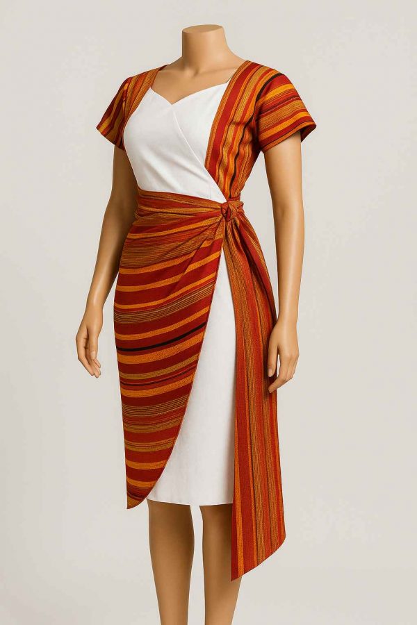 Angled view of a cultural traditional wrap dress with striped wrap over white dress