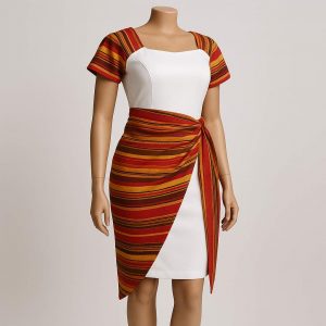 Angled view of a white cultural wrap dress with colorful side sash