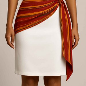 Bottom view of a white cultural wrap dress with colorful side sash