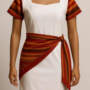 Interior view of a white cultural wrap dress with colorful sash