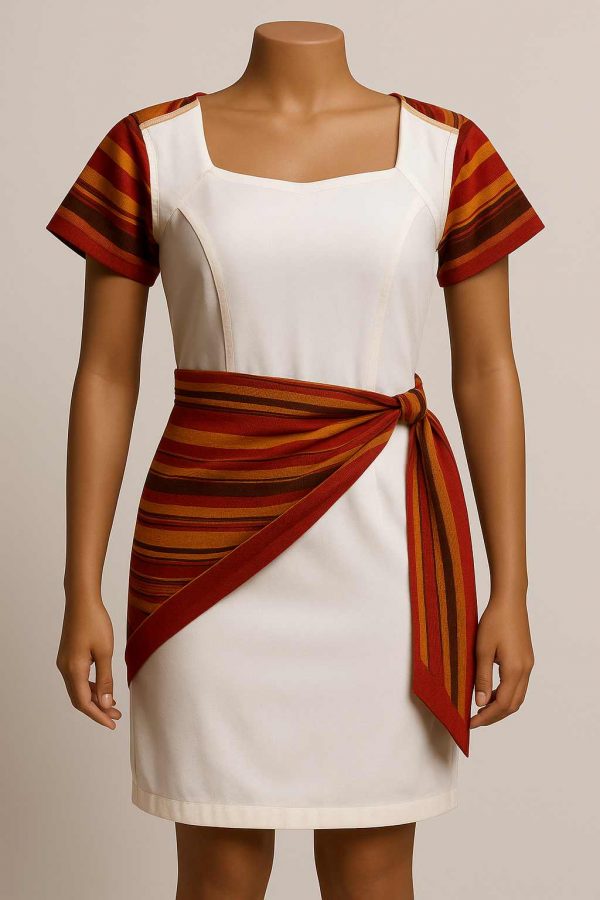 Interior view of a white cultural wrap dress with colorful sash