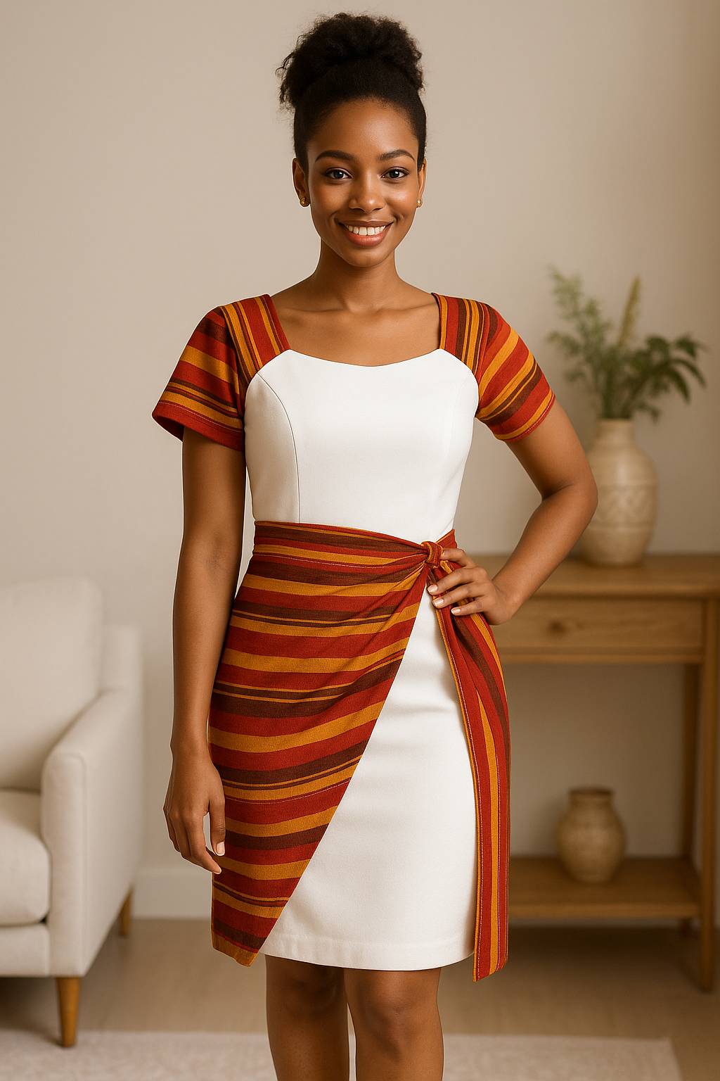 Elegant Ugandan woman wearing a white cultural wrap dress with colorful sash