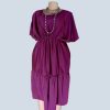 Front view of Faithful Tiered Midi Dress in purple with elastic waist, modest neckline, and soft gathers.