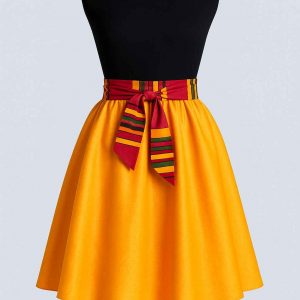 Golden flare skirt with colorful Kitenge waist tie front view