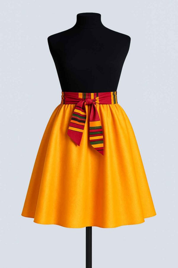 Golden flare skirt with colorful Kitenge waist tie front view