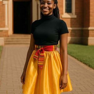 Ugandan woman wearing golden flare skirt with Kitenge waist tie outside church