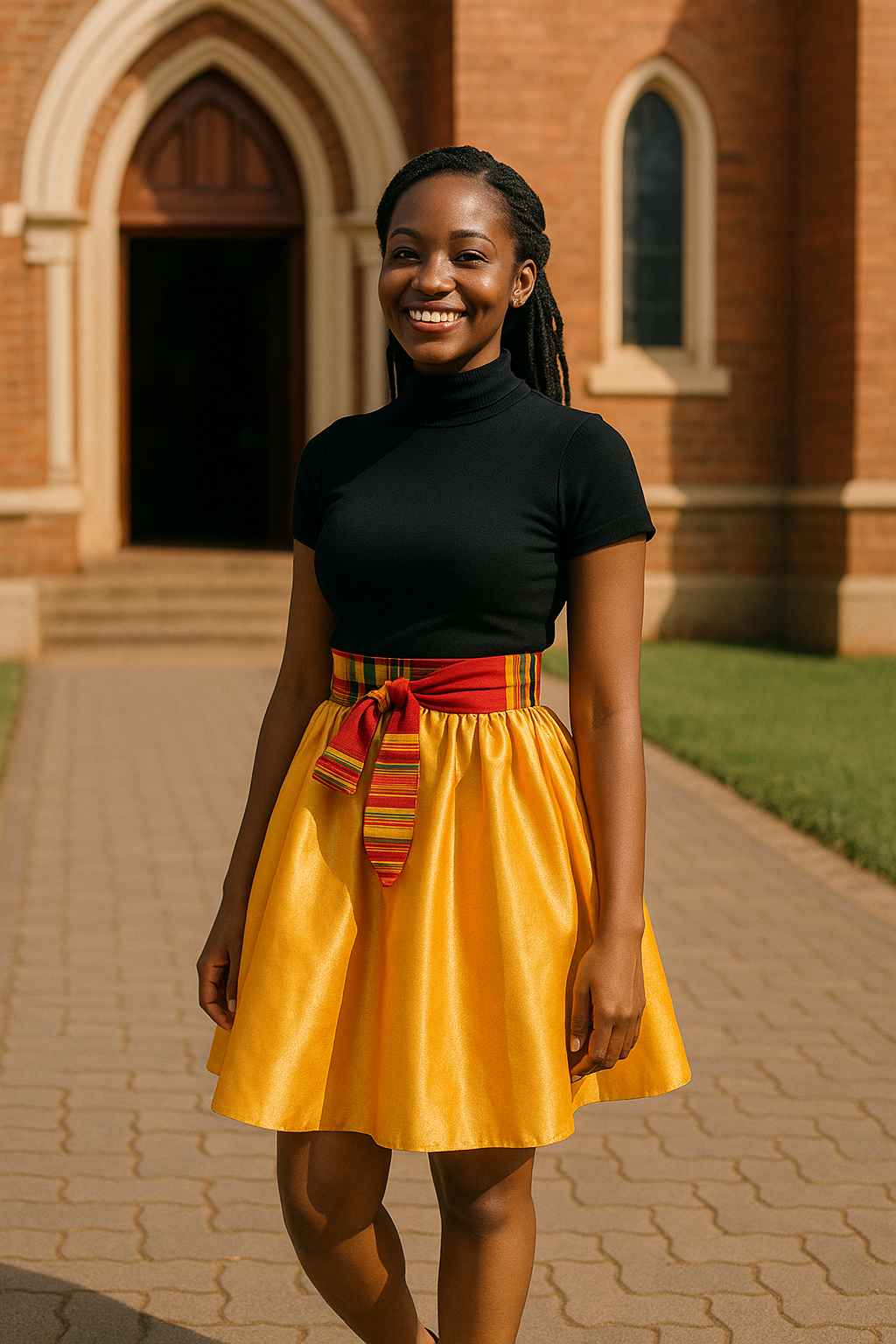 Golden flare skirt with Kitenge waist tie handmade in Uganda