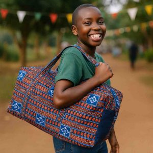 Ugandan woman carrying the GraceTrail Kitenge Travel Holdall outdoors at a joyful community event