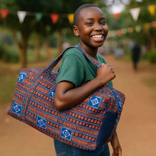 Ugandan woman carrying the GraceTrail Kitenge Travel Holdall outdoors at a joyful community event