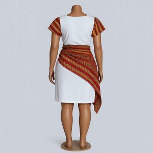 Back view of a cultural traditional wrap dress with white base and vibrant red, orange, and yellow striped wrap