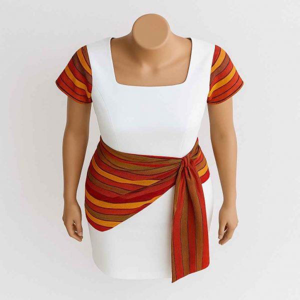 Top-down view of a cultural traditional white wrap dress with colorful side sash