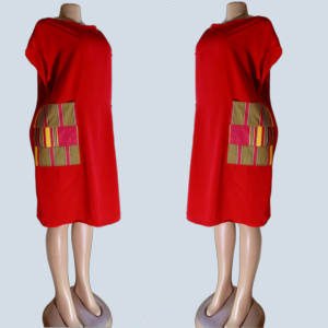 Side profile of patch dress showing sleeve detail and fit