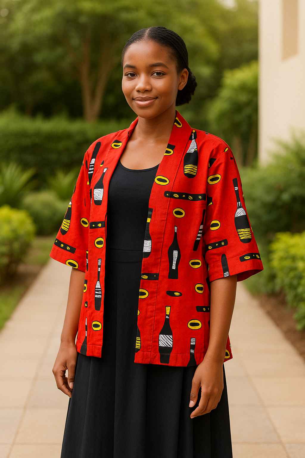 African woman in a red Kitenge jacket and modest skirt