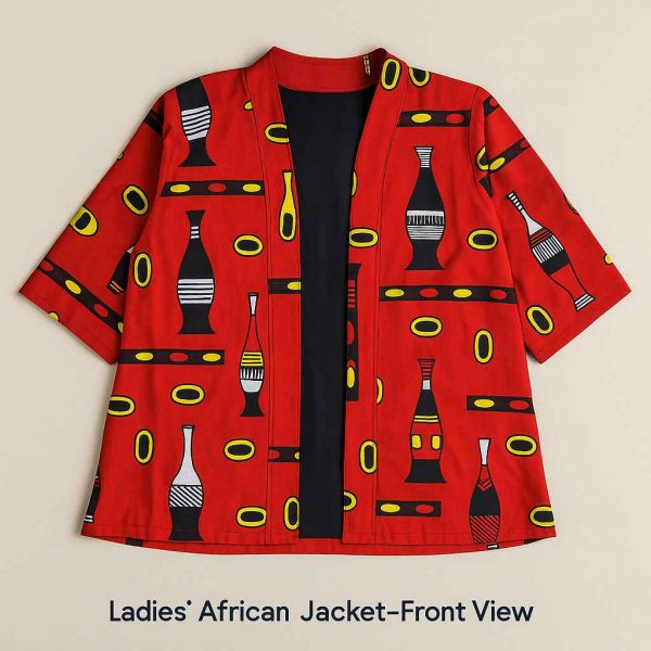 Top-down view of a red African kitenge ladies’ jacket with medium sleeves, neatly arranged and styled with a dark skirt on a flat studio surface.