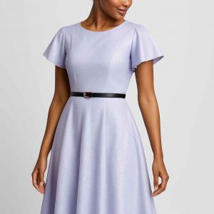Lavender midi-length dress with flared hem and modest flutter sleeves