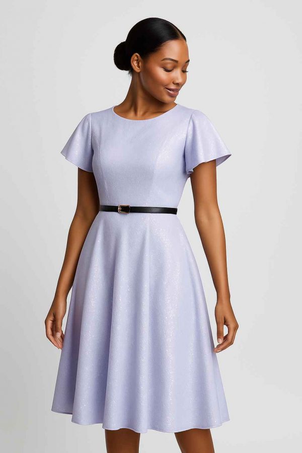 Lavender midi-length dress with flared hem and modest flutter sleeves