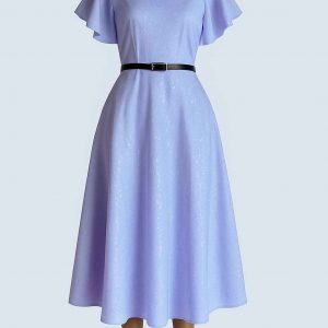 Elegant lavender midi-length dress with flutter sleeves, front view