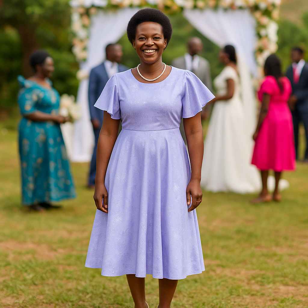 Lavender Bloom Midi Dress front view with flutter sleeves and floral shimmer handmade in Uganda.
