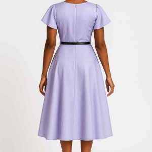 Back view of lavender midi dress with elegant flare
