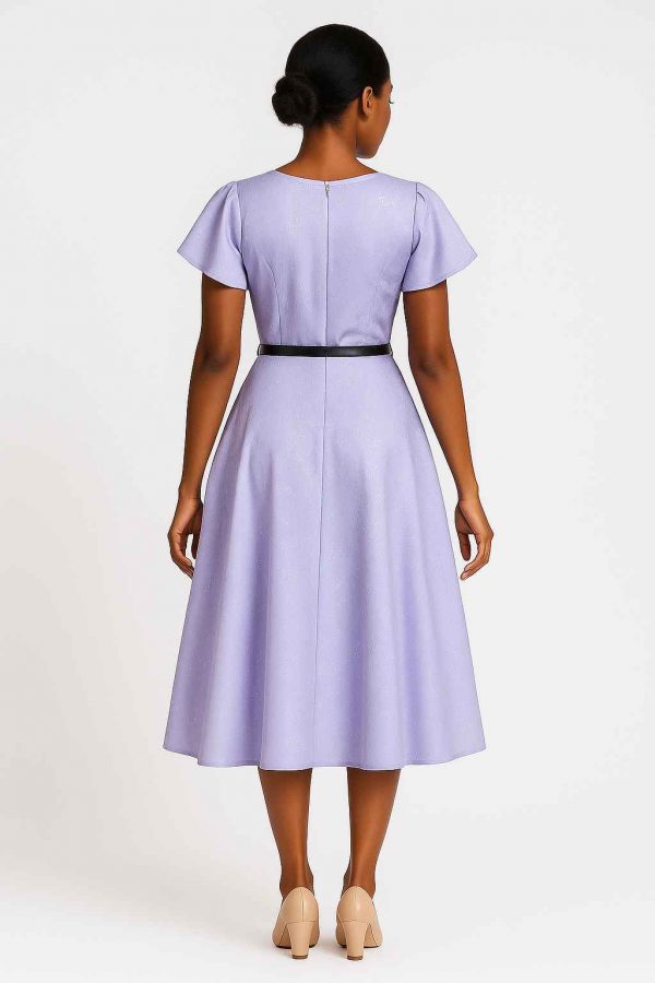Back view of lavender midi dress with elegant flare