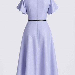 Close-up of lavender A-line midi dress with floral shimmer