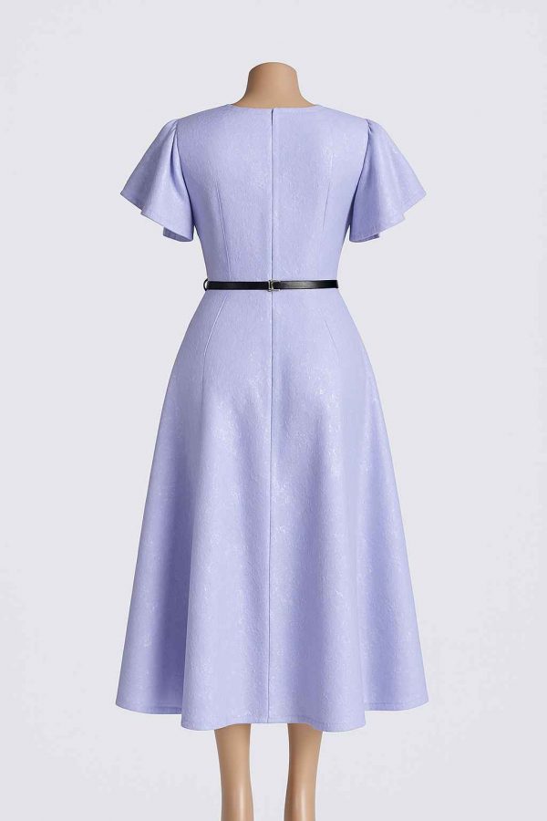 Close-up of lavender A-line midi dress with floral shimmer